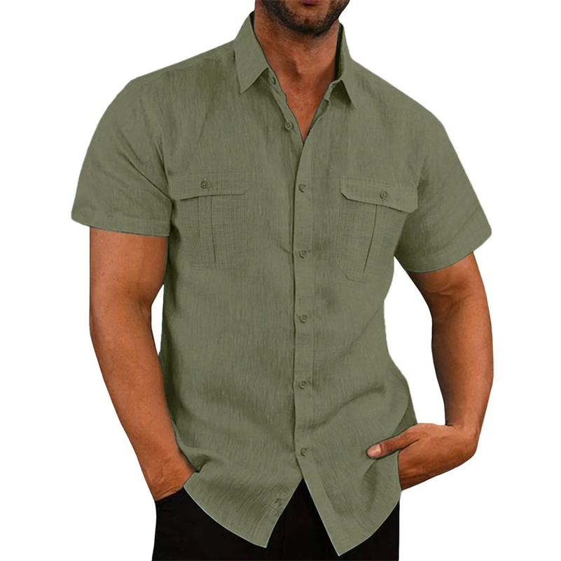 Coton Linen Men Shortveeved Shirts Summer Color Couleur Collier Collier de plage décontractée plus Sizemale M5XL Y250919