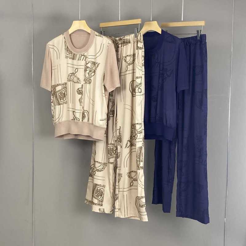 Women's Knits & Tees designer 2025 Spring/Summer New H Silk Round Neck Printed Knitted Short Sleeve Top Fashion Versatile Wide Leg Pants Set fo