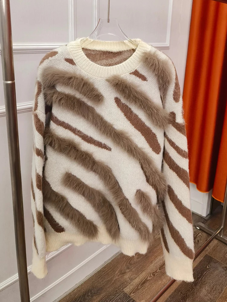 Autumn Women Real Fox Fur Coat Loose Spring Fox Fur Strip Sewed Toghter Decoration Sweater Outerwear Female Coats 250919