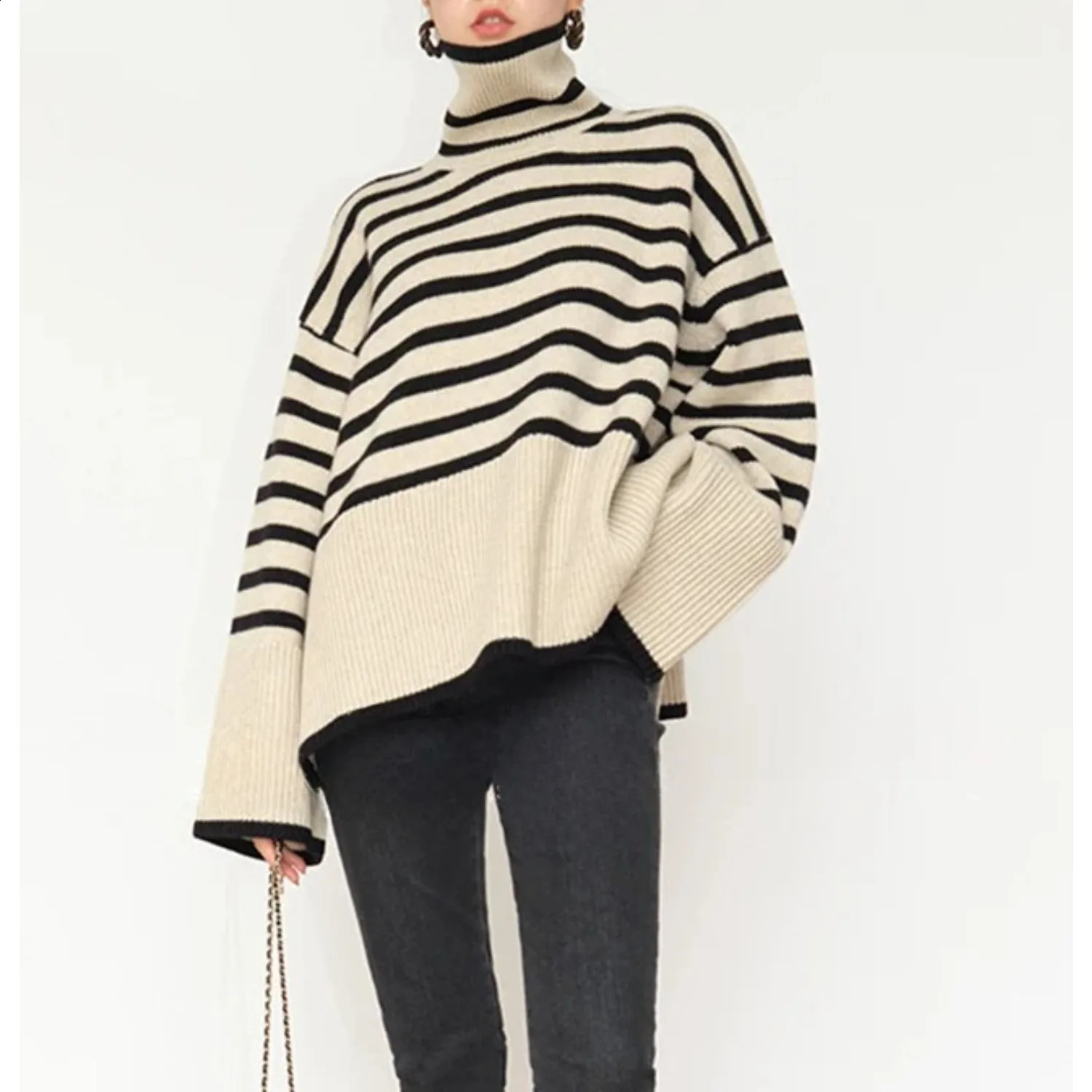 2025 Womens Stripe Turtleneck Pullovers Ribbed Contrast Color Side Slit Sweaters Autumn Winter Y2K Chic High Street Long Tops 250919