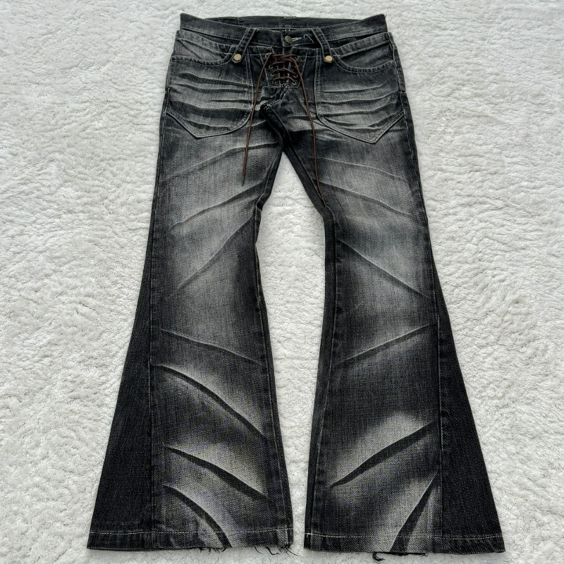 Y2k Flared Lace Up Jeans Retro Washed Double Waist Mens Slim Fit Gothic High Street Wear Unisex Bootcut y250919
