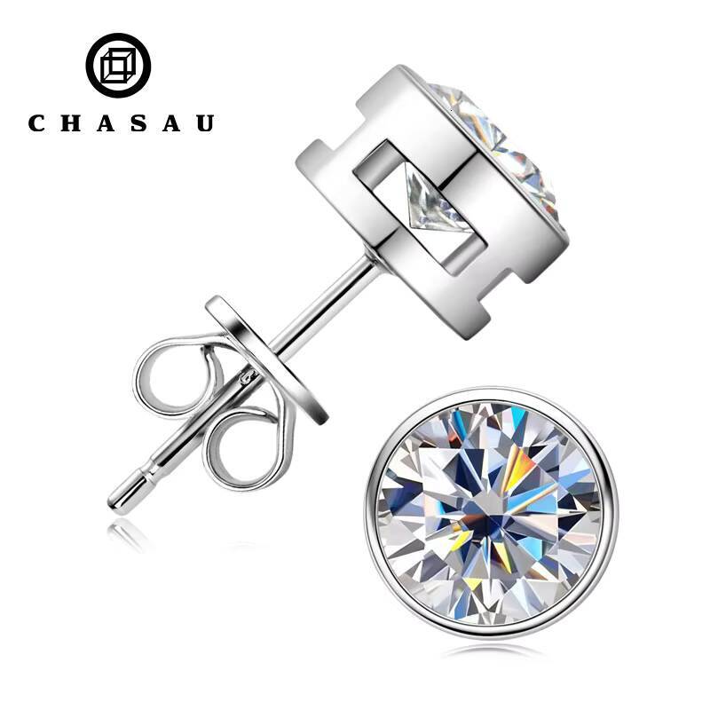 Certifucated 05ct 1ct 2ct Sparkle Round Cut Moissianite 925 Sterling Silver Classic Bezel Stud Earrings for Women