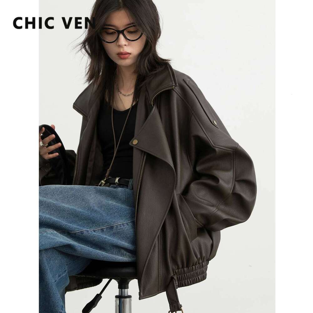 CHIC VEN PU Jacket Solid Loose New Retro Standing Collar Motorcycle Faux Leather Coat Female Top Spring Autumn