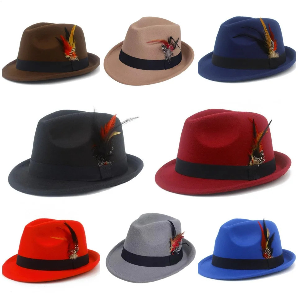 European and American Style Woolen Womens Autumn Winter Fashion Feather Show Hats Mens Jazz 250919