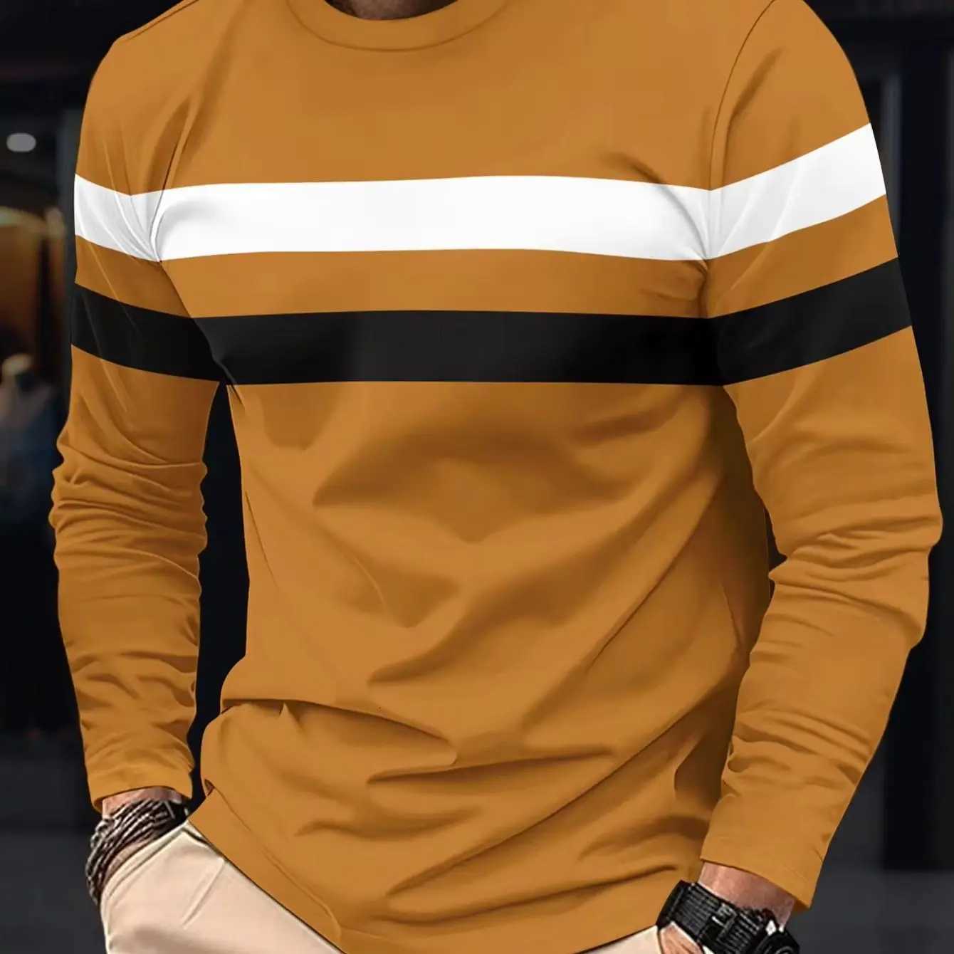 2024 Spring and Autumn Fashion Mens Long Sleeve Round Neck Splicing Tshirt Business Anti Wrinkle Street Wear Casual TopXJ250920