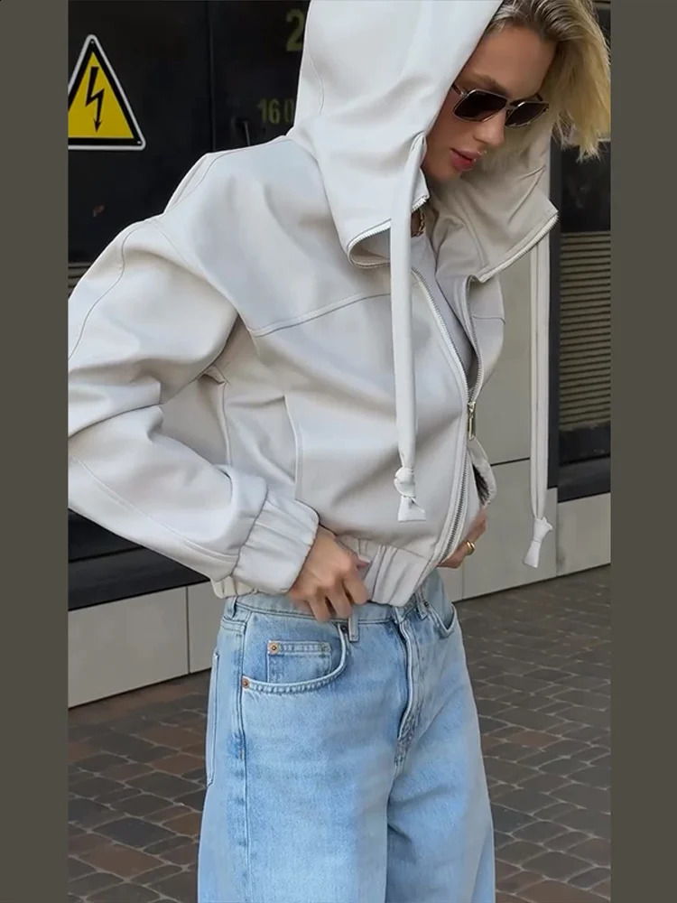 Womens Off Solid Hooded Zipper PU Leather Jacket Full Sleeve Elastic Hem 2025 Autumn Casual Stylish Outerwear With Drawstrings 250920