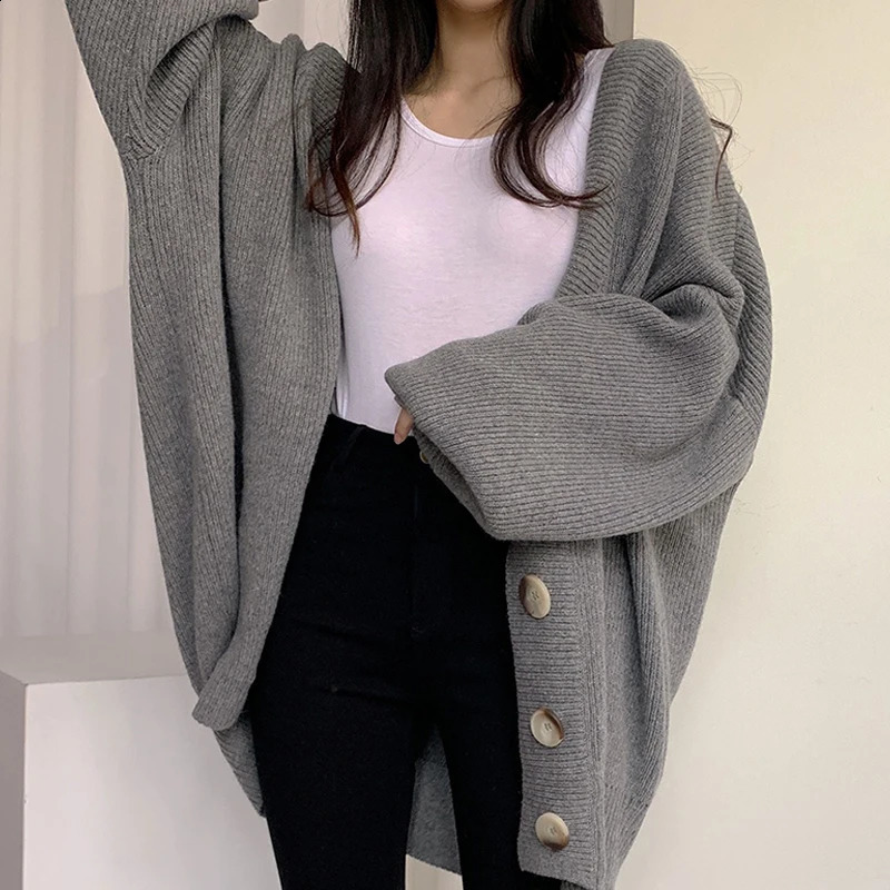 Casual Loose Cardigan Autumn Winter Women Sweater Vneck Grey Fit Knitted Coat Korean Fashion Lantern Sleeve Simple Clothing 250919