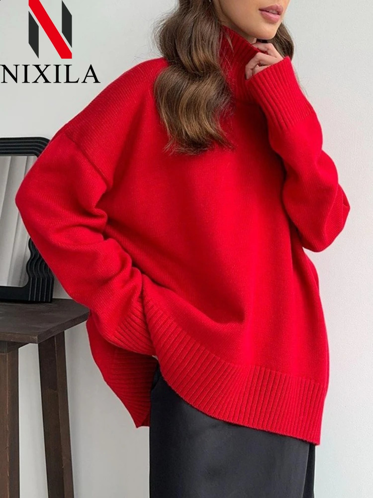 in Autumn Womens Knitted Sweater Oversize High Collar Vintage Pullover Soft Winter Warm Vintage Sweaters for Women Clothing 250919