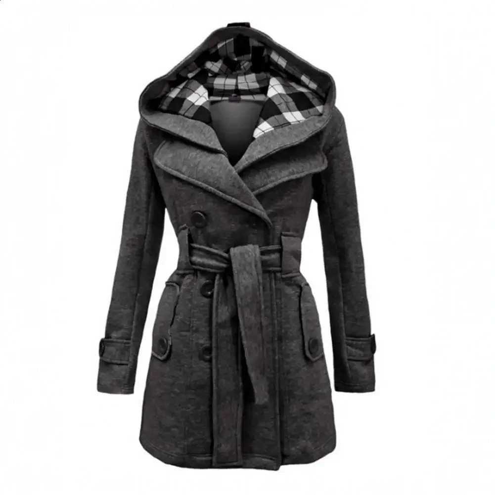 British Style Women Woolen Coat with Belt DoubleBreasted Winter Coat Womens Jacket Double Neckline Plaid Hooded Overcoat 250920BJ