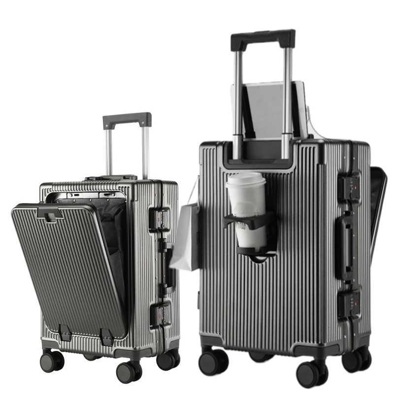 Aluminum Alloy Frame Suitcase Front Opening Pocket with USB Charging Plug Rolling Luggage Trolley Case Bag with Spinner Wheel W250920-image-1076022543