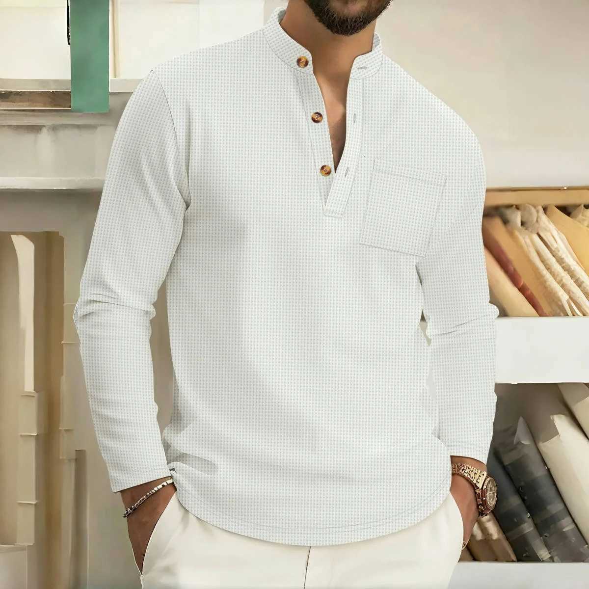 Mens LongSleeve VNeck Shirt SpringAutumn 2025 Casual Breathable Waffle Fabric Solid Color Fashion Sporty ButtonUpXJ250920