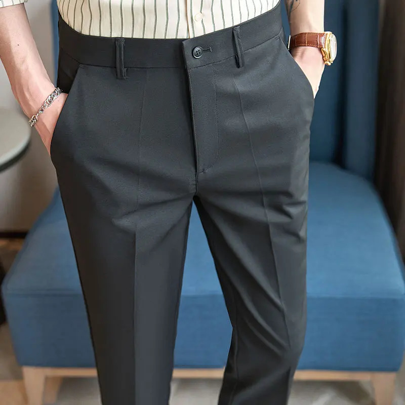 Flat Mens Suit Trousers Black Gray Spring Summer Casual Pants Men Business Office Formal Suit Pants Trousers For Men 250919