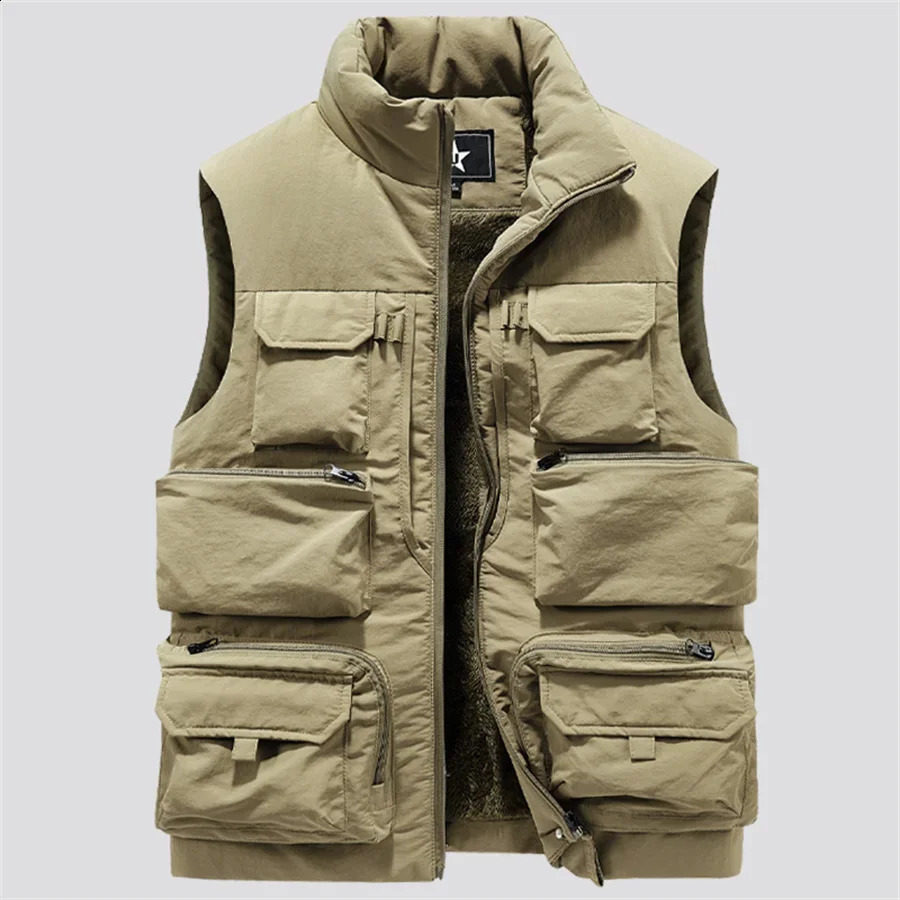 2024 Mens Cargo Vest Winter Thick Fleece Warm Sleeveless Jacket Solid Color Tactical Coat Men Pockets Work Waistcoat 6XL 250920
