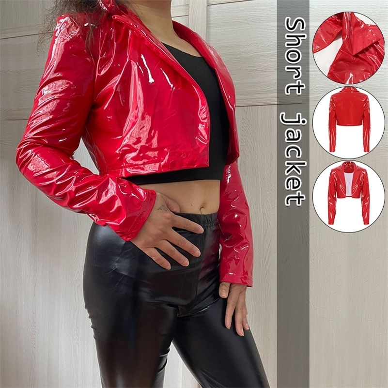 Womens PU Shiny Leather Coat Short Top Trend Motorcycle Waist Sexy Jacket Red Mirror Pu Bright Leather Nightclub Uniform S3XL250920