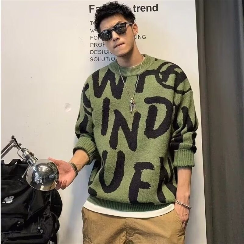 Pullover Man Letter Green Knitted Sweaters for Men Crewneck Loose Knitwear Round Collar Clothing Deals Fit Woven Top 250919