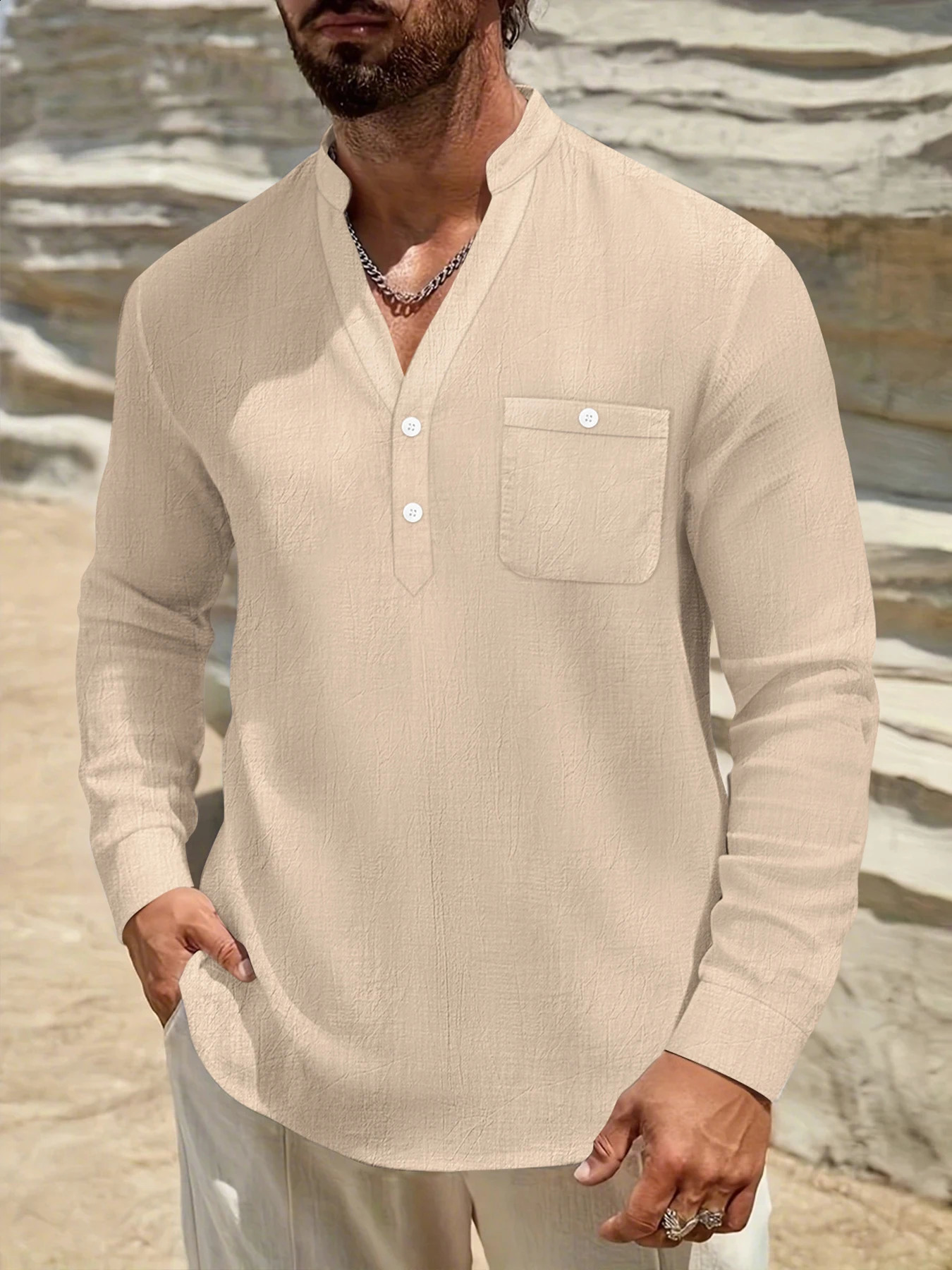Autumn highend fashion long sleeved mens shirt stand up collar vacation beach style loose solid color casual boutique top 250920