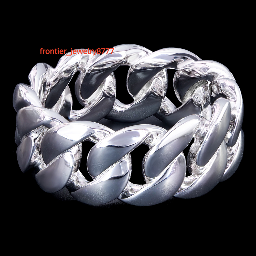 Factory Wholesale Custom Fine Jewelry 9mm Size 711 Sterling 925 Silver Hip Hop Band Plain Cuban Link Ring for Men and Women