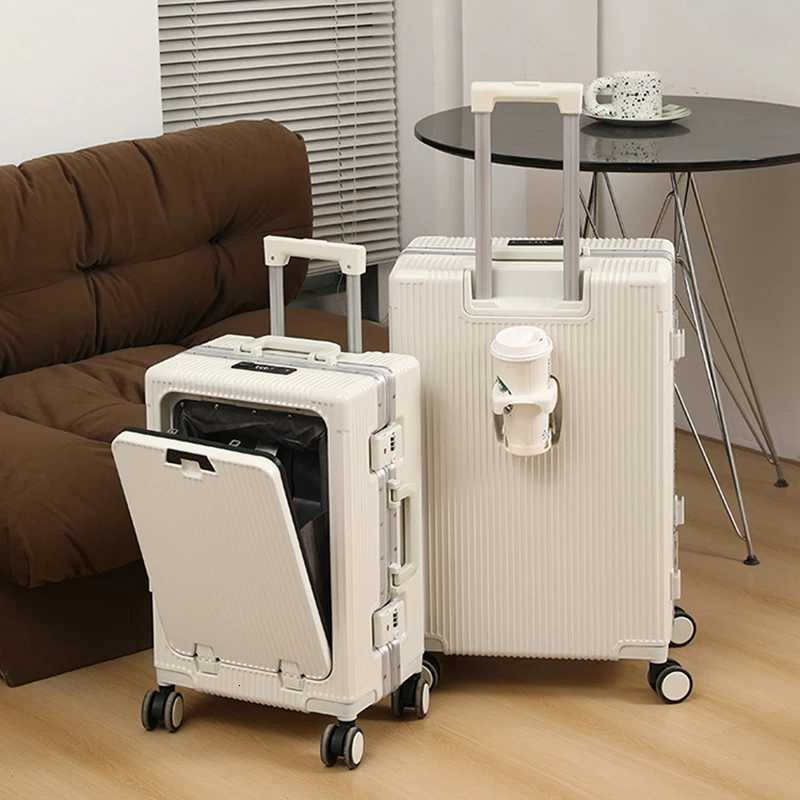 Front open trolley suitcase with cup holder travel luggage pull rod Aluminum frame Large capacity usb charging carry on suitcase W250920-image-1076020474