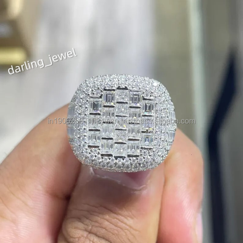 Mens Iced Out Baguette Moissanite Hip Hop Custom Made VVS Moissanite Engagement Ring for Him
