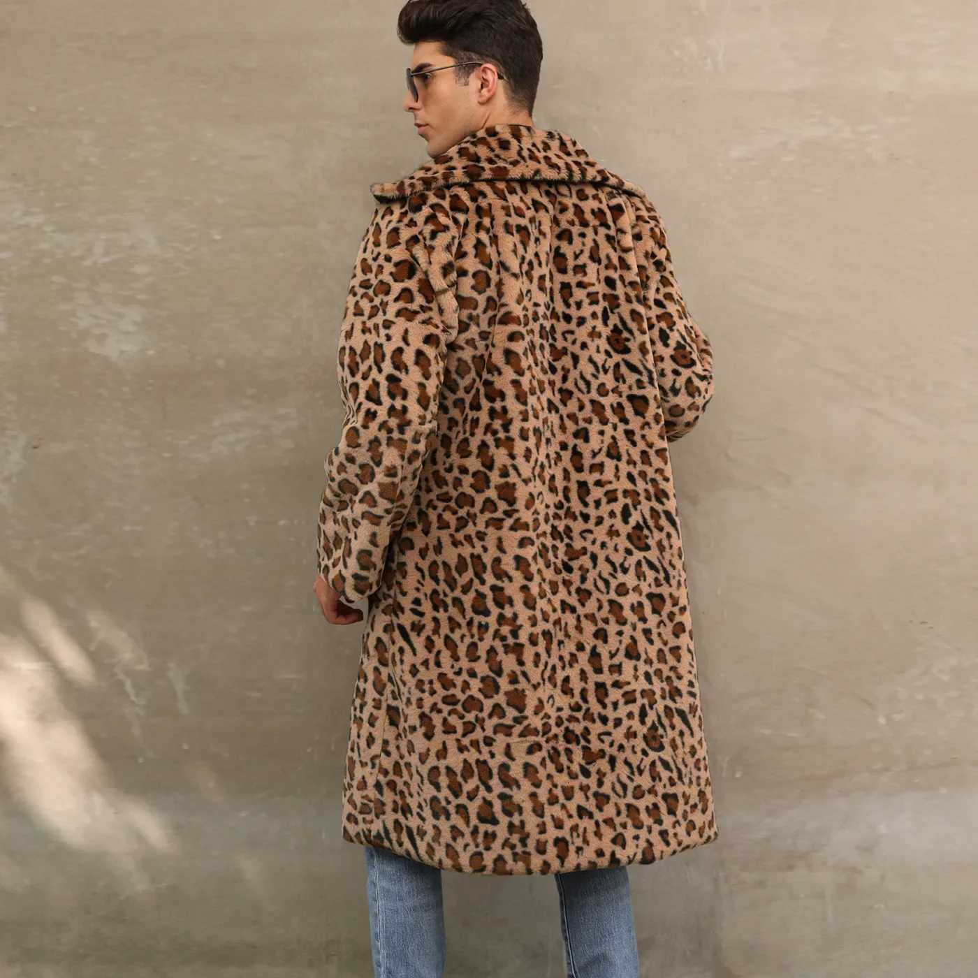 Hommes en fausse fourrure veste léopard manteau hiver épais manches longues chaudes chaussettes extérieures de luxe de luxe