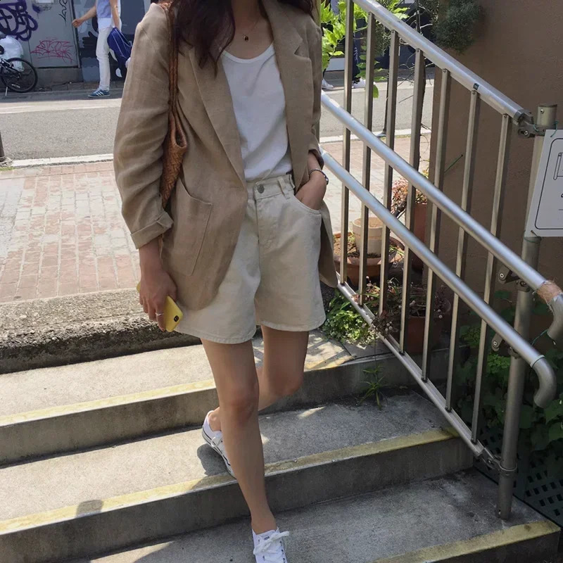 Retro Cotton Linen Solid Blazer Summer Womens Notched Collar Clothing Single Breasted Casual Suit Jacket Women E4992 250920