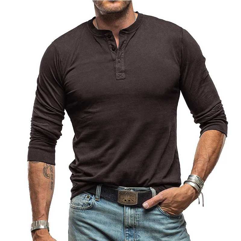 2025 European and American Mens Automn hiver longsleed Henry Shirt for Men Retro Pure Color Tshirtxj250920