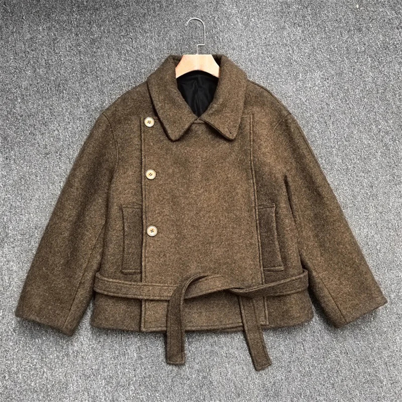 Veste femme automne 2025 Double poitrine slim à manches longues à manches à manches longues à manches asymétriques en laine mélange de laine 2509