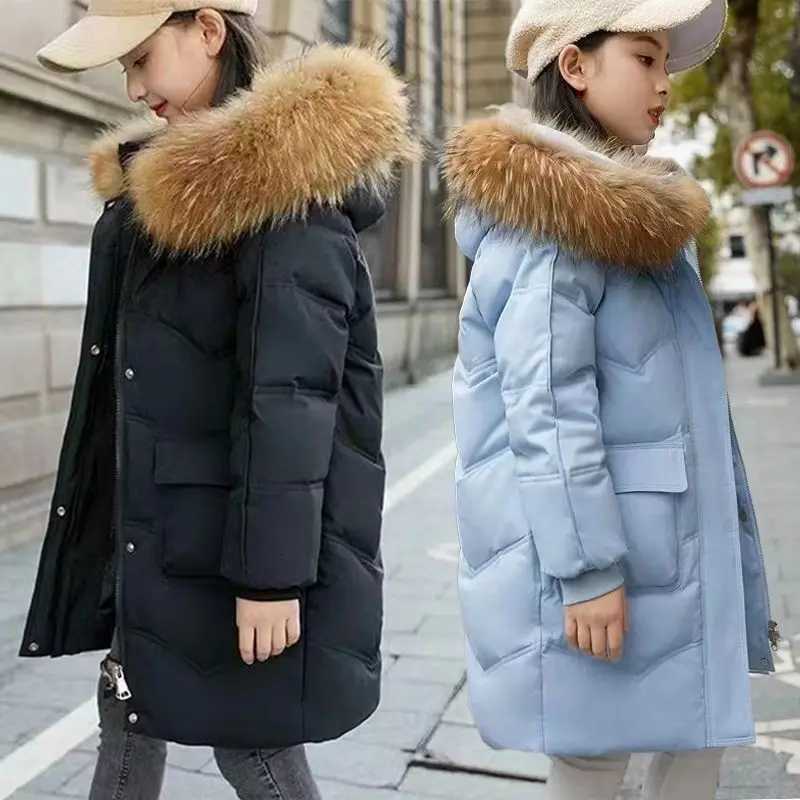 6 8 10 12 13 14 ans Veste de filles d'hiver épaissies Tenter la mode chaude Collier de fourrure pour enfants à capuche à capuche