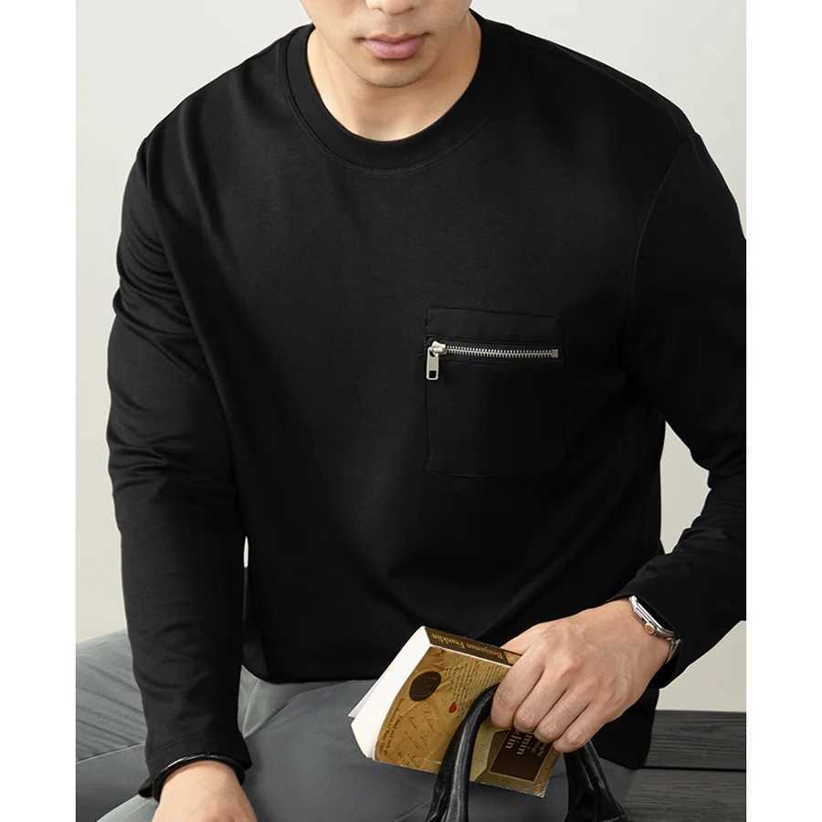 Men Business Fashion Loose Casual Long Sleeve Zipper Pocket Highend Tshirt Autumn Winter Korean Streetwear Bottom T Shirt TopsXJ250920
