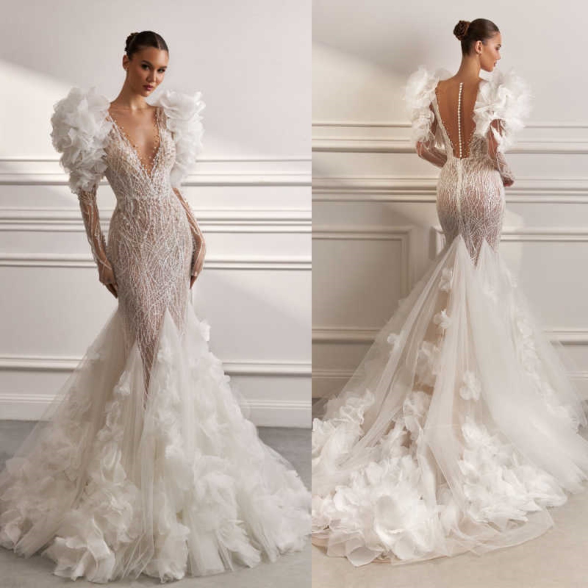 Illusion 3d fleur sirène robes de mariée Deep V Neck Neck à manches longues Robe Robe Robe Perles Pearls Bride Vestido de Novia personnalisée