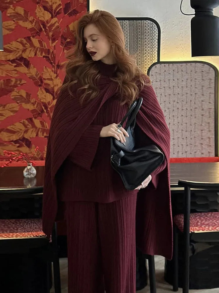 Women Ribbed Knit Loose Set Wrap Scarf Crew Neck Sweater Wide Leg Pants 2025 Autumn Fashion Elegant Suit Chic Vintage Lady Sets 250920