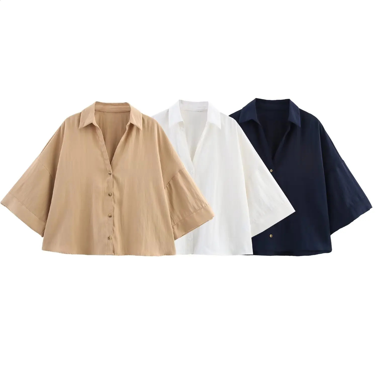 MYSTZA2025 summer womens retro casual fashion temperament simple loose lapel wide shortsleeved casual shirt tops 250920
