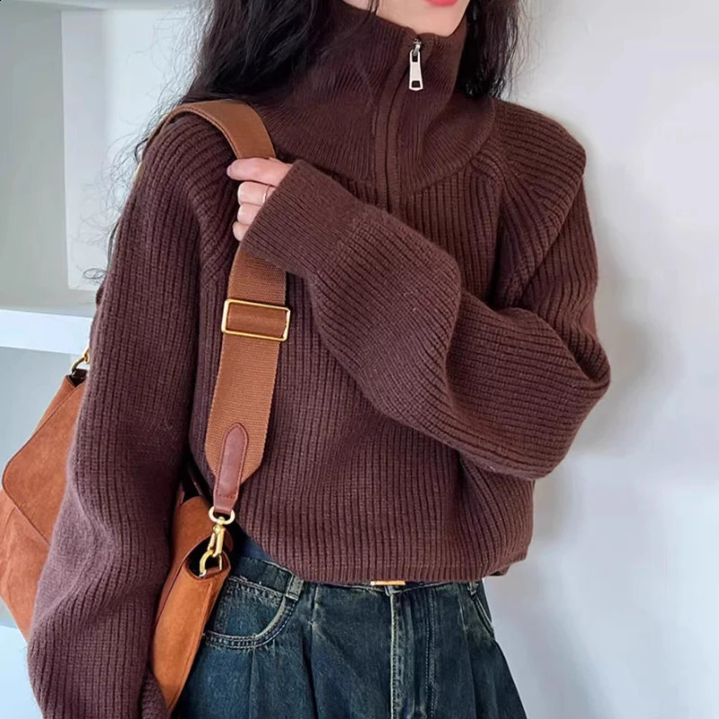 2025 Fashion Half High Neck Zipper Knitted Sweater Womens Solid Color Sweater Casual Loose Crop Knit Top Elegant Pullovers 250919