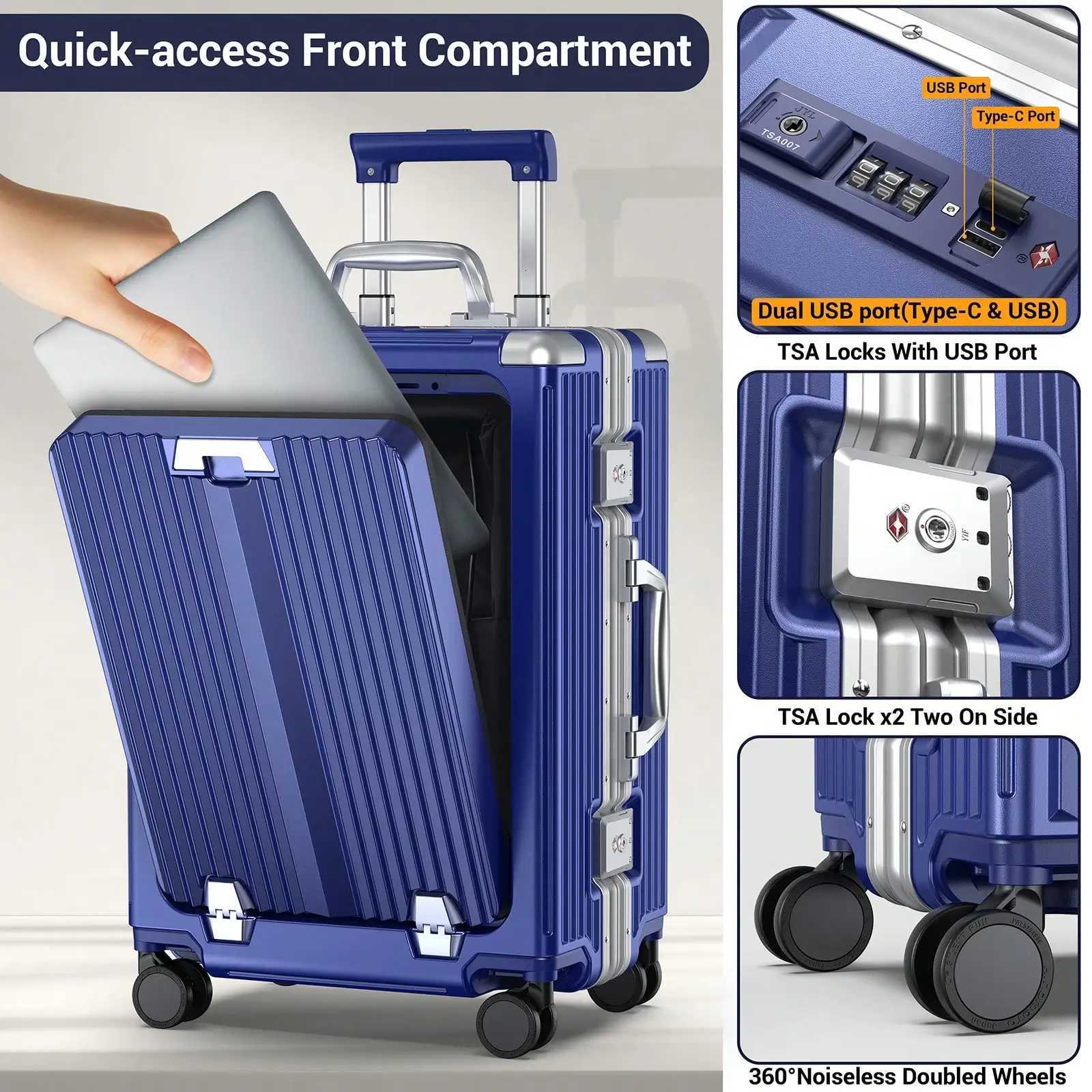 Aluminum Framed Carry On Luggage Airline Approved 22x14x9 Suitcase with Spinner Wheels Front Laptop Compartment Cup Holder W250920-image-1076022701
