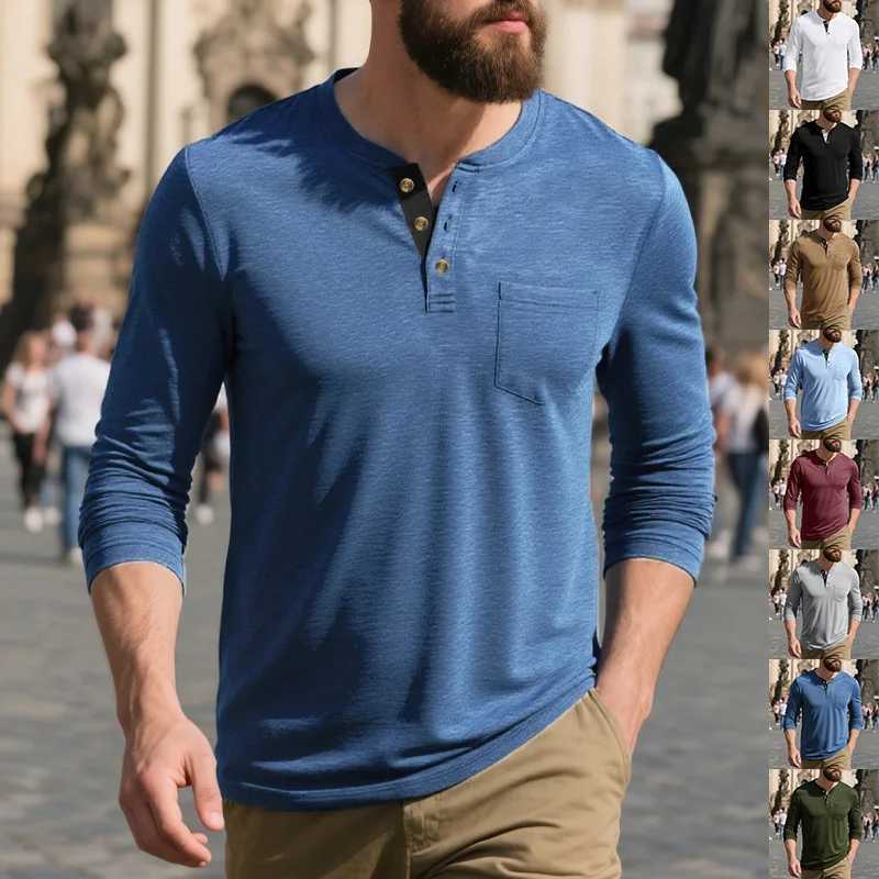2025 Eeuropéen et américain à manches longues à manches longues à manches longues Spring and Automne Fashion Mens High Quality Soft Henley Collar