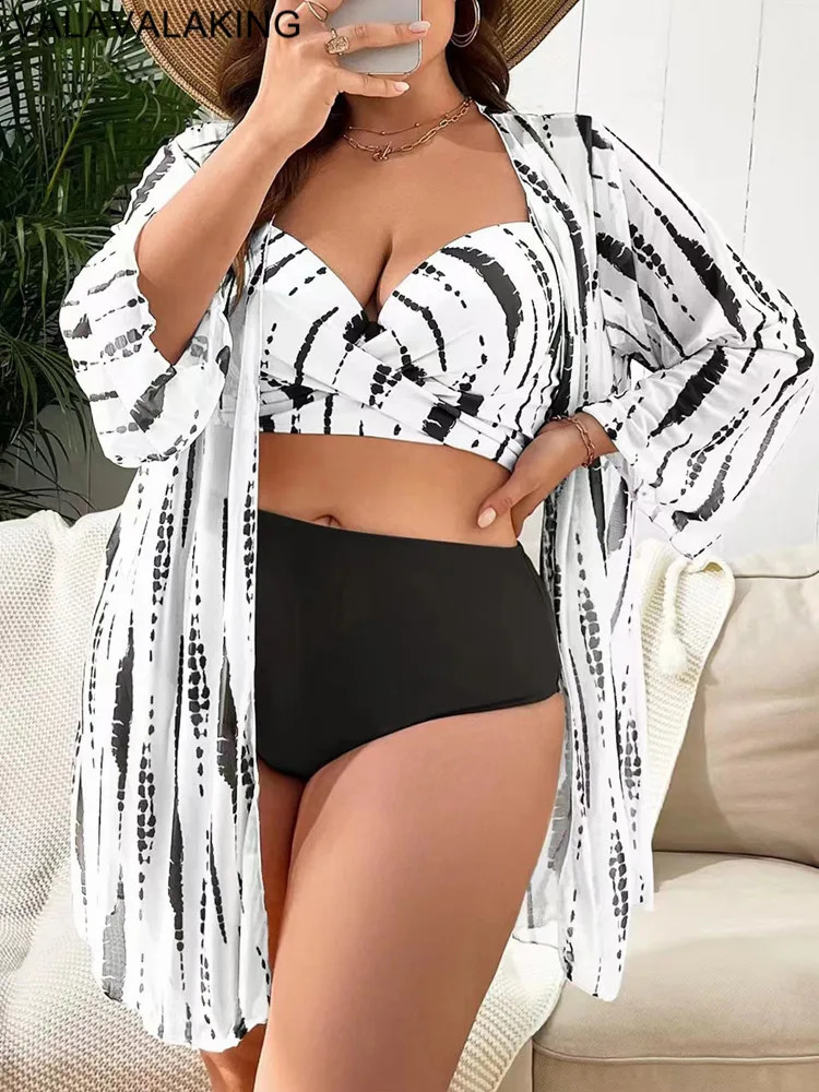 2025 Print 3 Piece Mesh Cove Up Plus Size Bikini Set Women Lady High Waist Big Swimsuit Curvy Brazilian Chubby Bathing Suit 250920