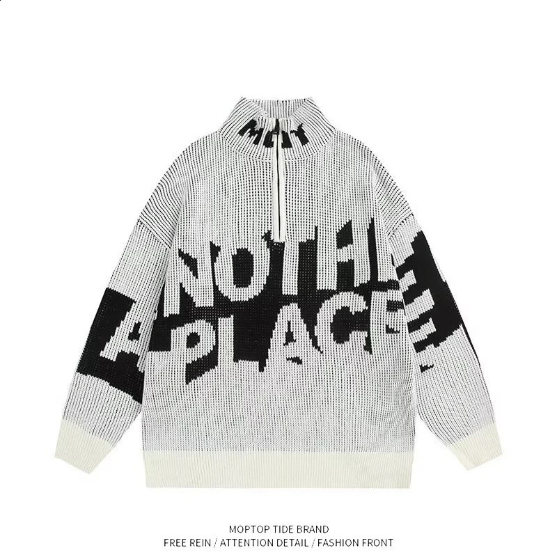 American Letter Pullover Jacquard Halfzipper Turtleneck Sweater Men Spring Autumn Street Loose Couple Highend Knitted Sweater 250919