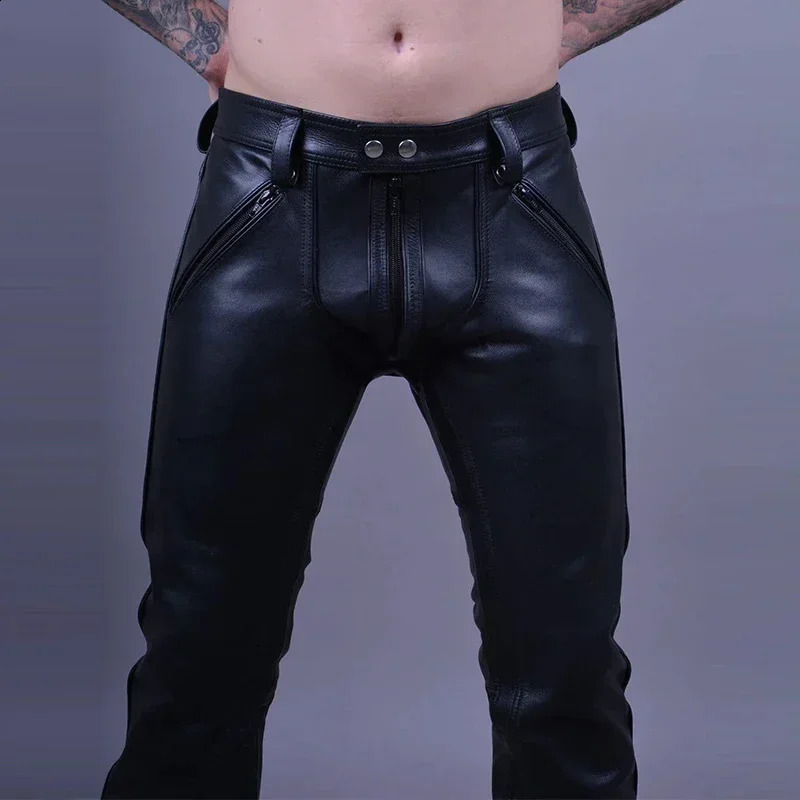 Pantalon en cuir mat noir pour hommes pantalons bodycon ouverts sexy ouverts mâles basse épissage pantalon de poche personnalisé club-vêtements 2