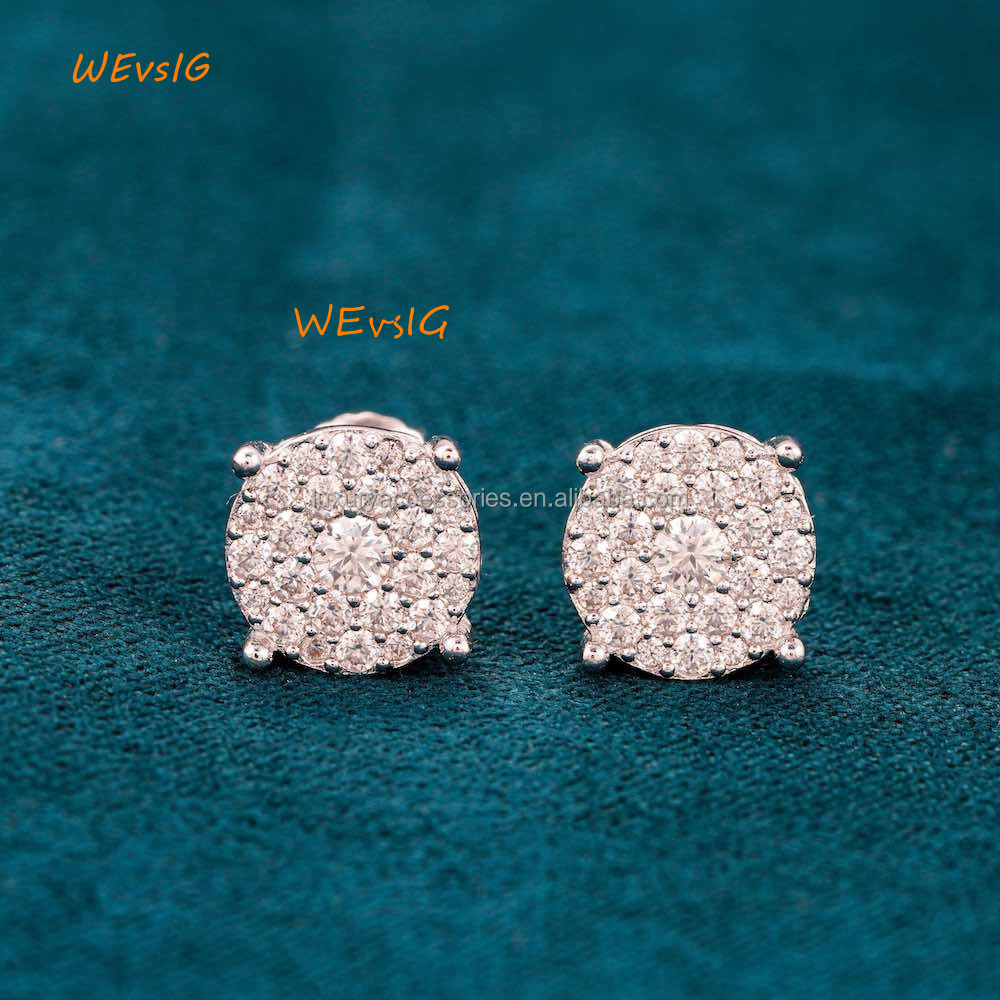 Hip Hop D Color 10MM Iced Out Moissanite Halo Cluster Stud Earrings 925 Sterling Silver GRA Pass Diamond Tester for Men