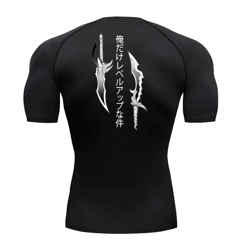 Men's Short Sleeve Compression Shirt, Black Graphic Print Workout Tee - Breathable Quick-Dry Acetate Pull-On Muscle Shirt for Gym Training and Sport