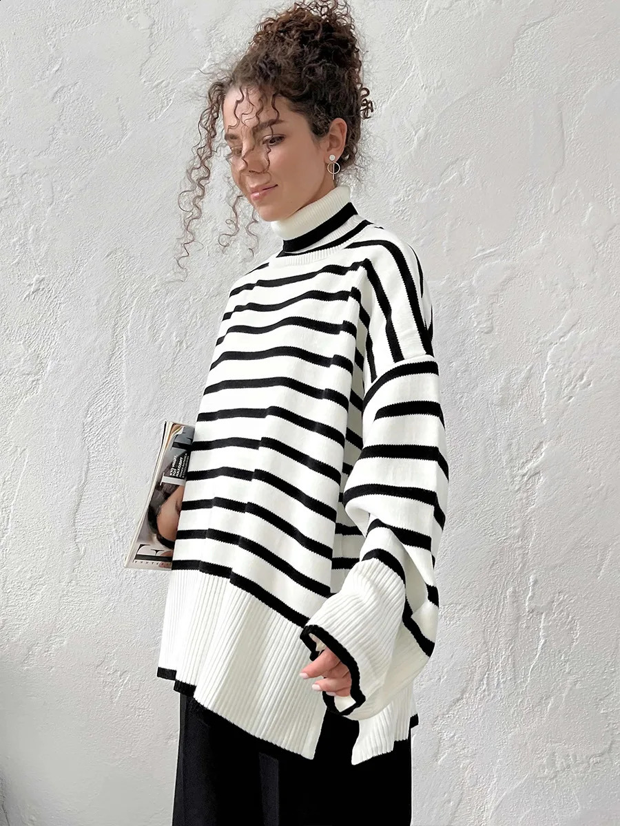 Bornladies Autumn Winter Thick Womens Striped Oversized Sweater Warm Loose Knitted Turtleneck Sweater Casual Jumper Pullover 250919