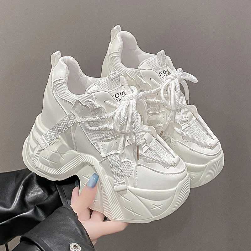 W250920 Baskets blanches à plateforme épaisse pour femmes, chaussures décontractées vulcanisées à lacets