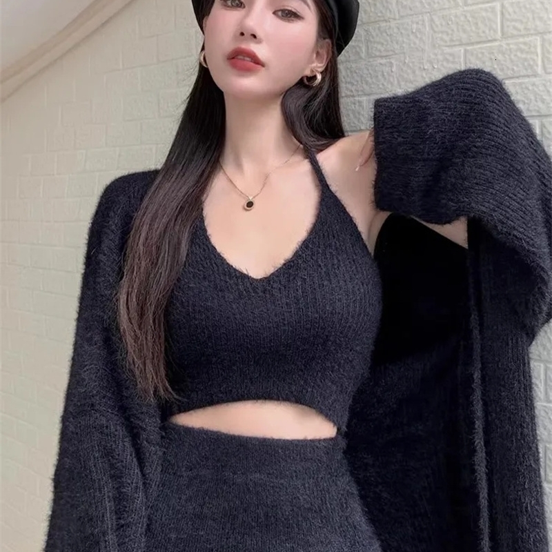 Lnternet Girl Three Piece Set for Womens 2024 Autumn Winter Suspender Half Skirt lazy Style Outerwear Cardigan y250919