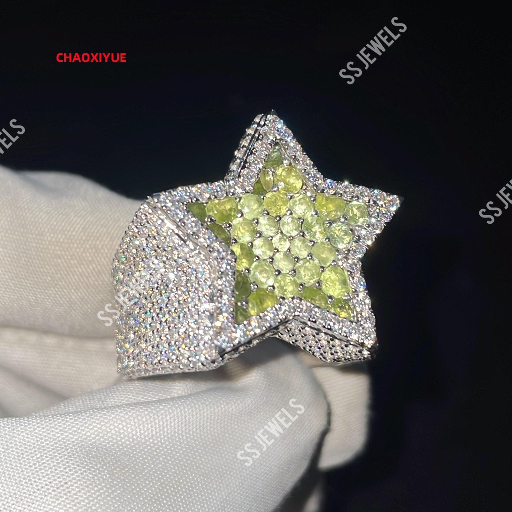 Luxury Blue Peridot Star Ring Lab Grown Diamonds VVS Custom Iced Out Hip Hop Statement Rapper Men Pinky Ring for Men Women