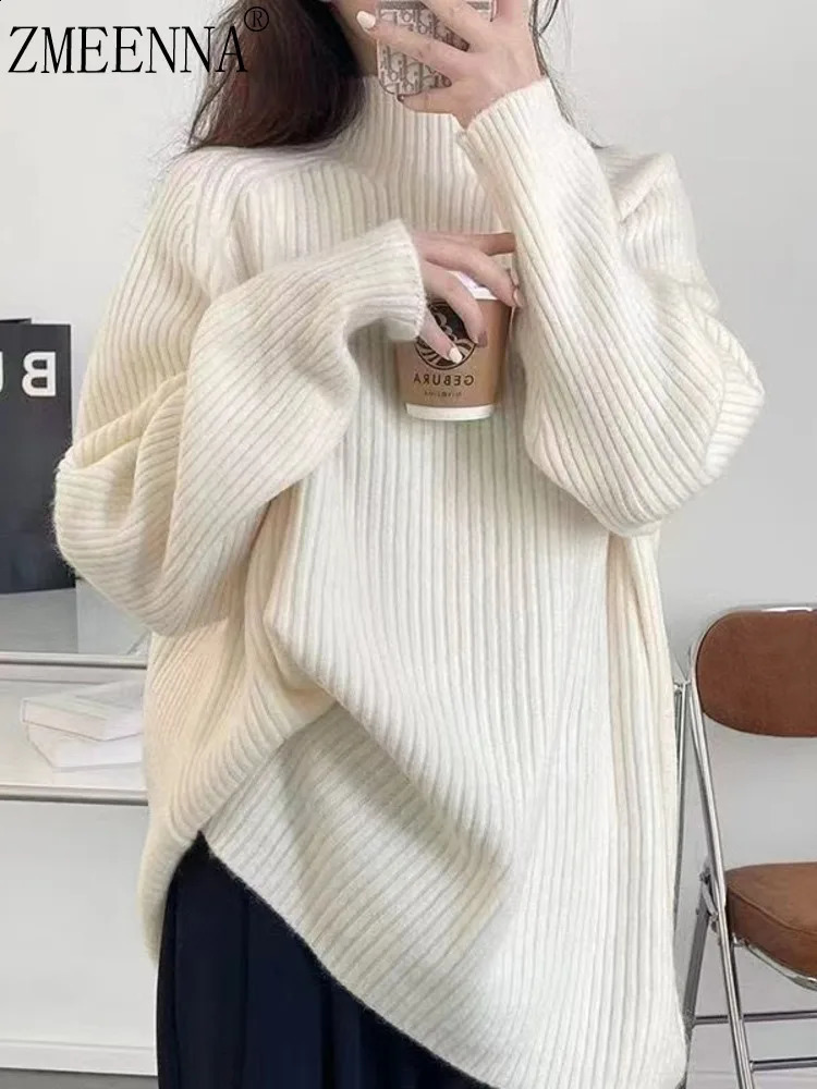 ZMEENNA Cozy Womens Oversized Turtleneck Sweater Warm Cream Ribbed Knit Tunic Top With High Low Side Slits ZM3688 250919