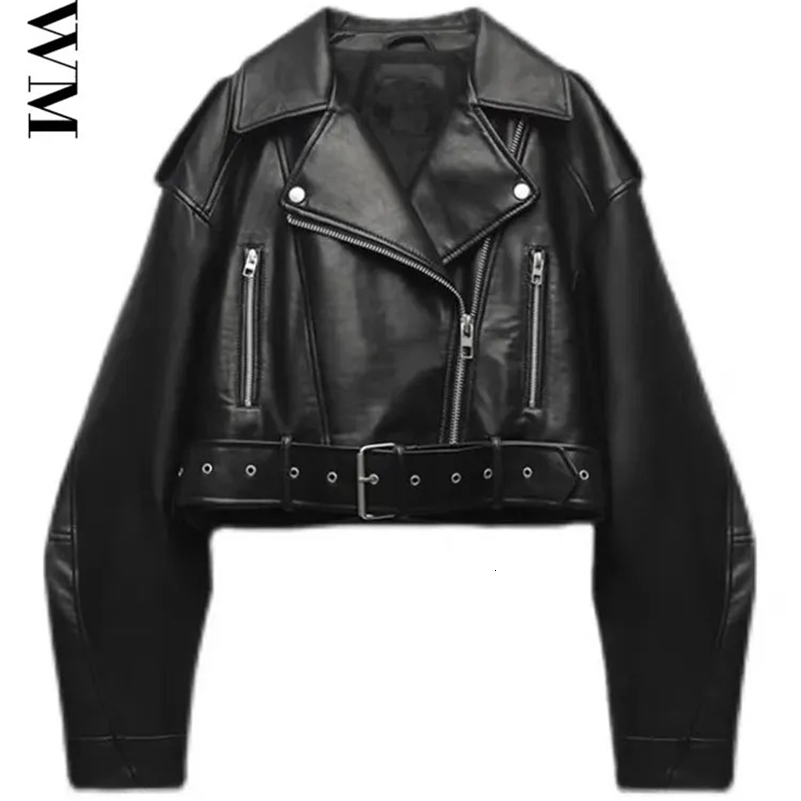 BBWM Women Oversized Vintage Loose Pu Faux Leather Short Jacket with Belt Streetwear Female Zipper Retro Moto Biker Coat Outwear250920