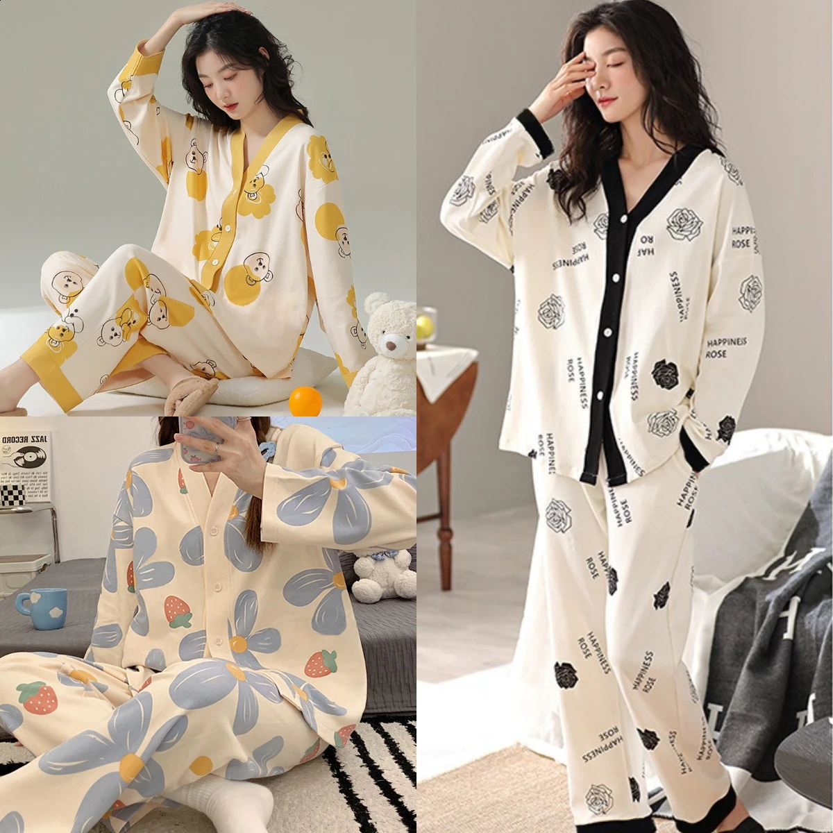 Women Spring and Fall Two-Piece Pajamas Cardigan Long-Sleeved Long Pants Thin Section Polka Dot Printing Maternity Homewear 260516BJ