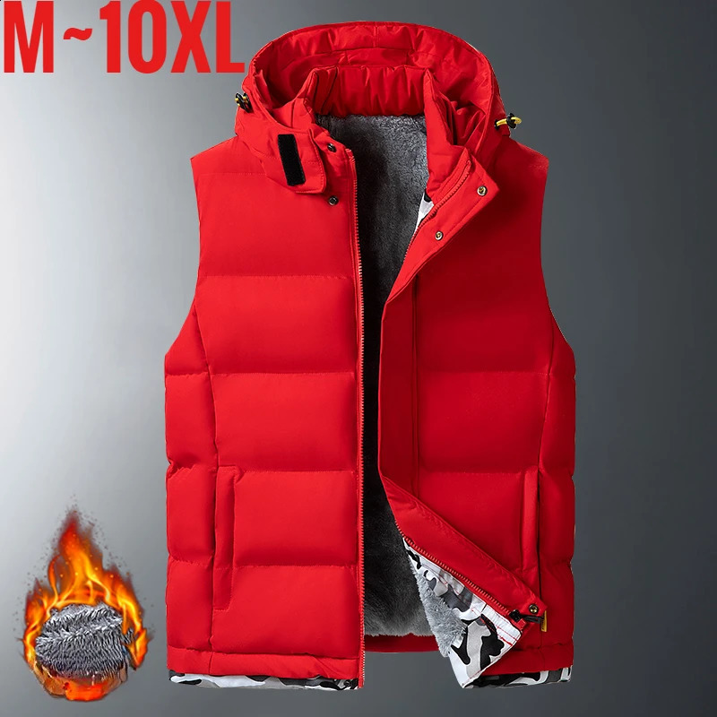 Big Size Mens Padded Vest Hooded Zipup Fleece lined Sleeveless Jacket Male Winter Thick Warm Brushed Work Hiking Plus 9XL 10XL 250920
