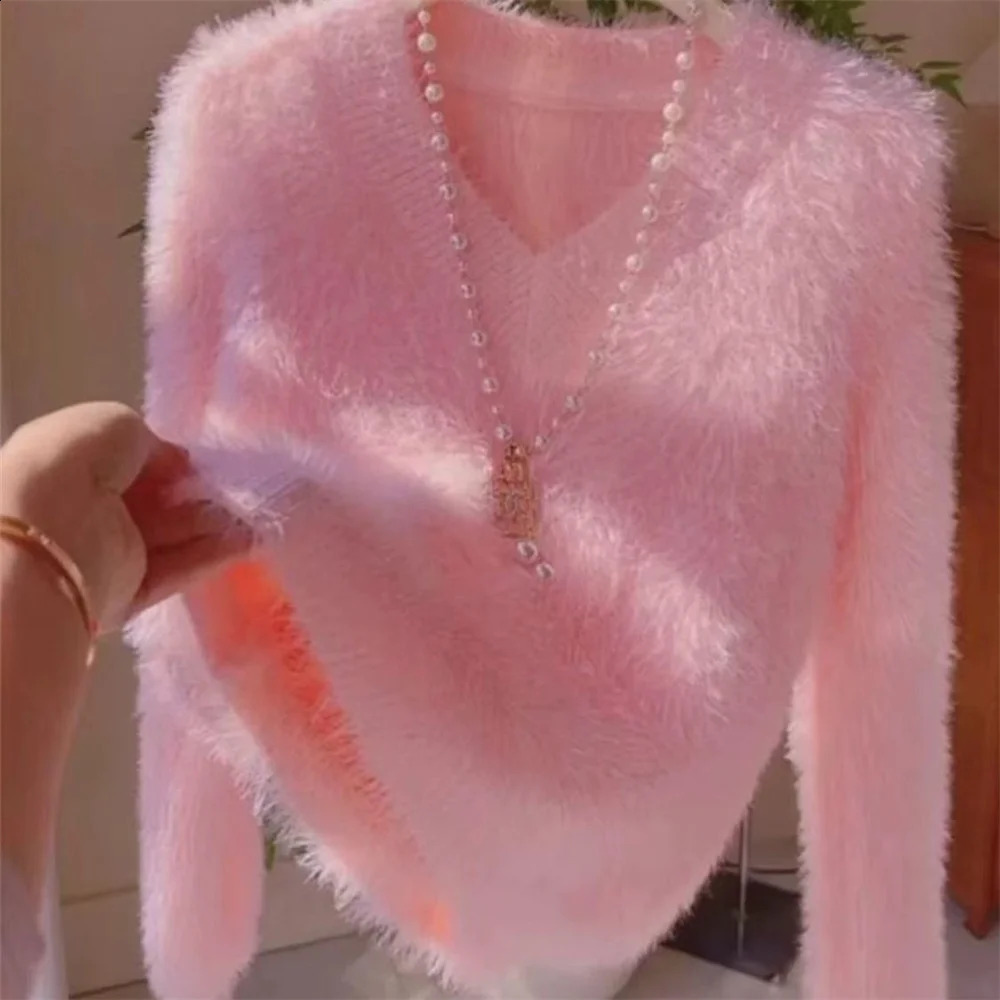 Womens Mink Cashmere Sweater Autumn Winter Elegant Casual Long Sleeve Loose Knitted Pullover Office Lady Wool Pink Knitwear 250920
