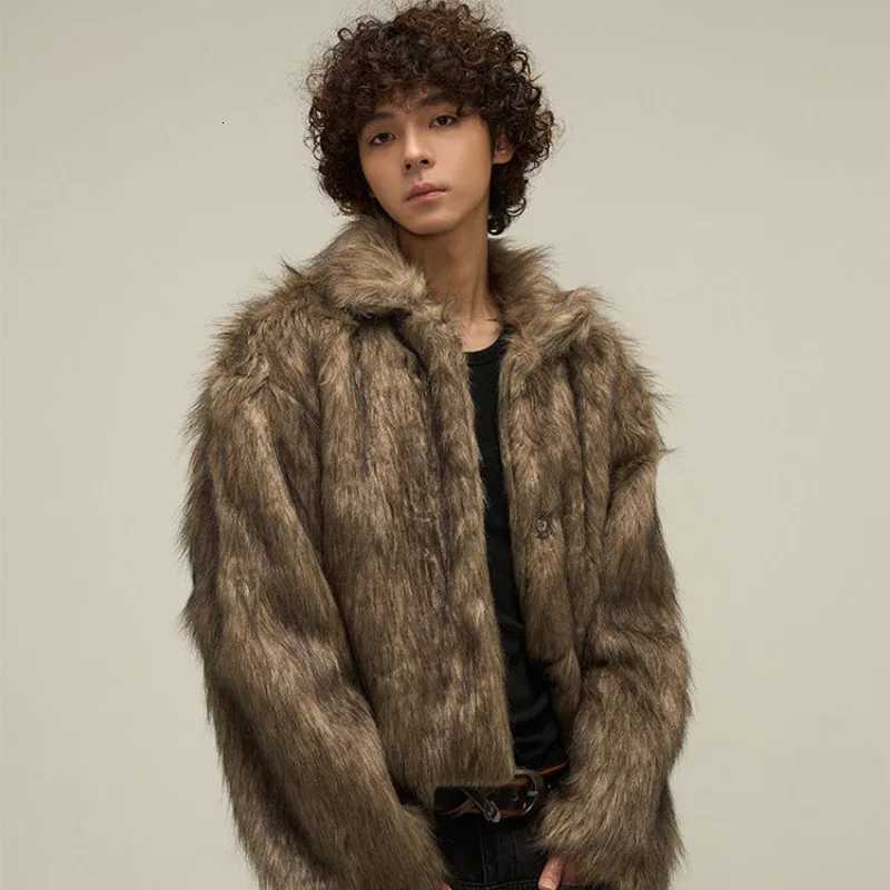 Vintage Harajuku Winter Short Thick Warm Soft Faux Fur Coat Men Lapel Design Fluffy Fur Outerwear Long Sleeve Tops Trendy NewXJ250920